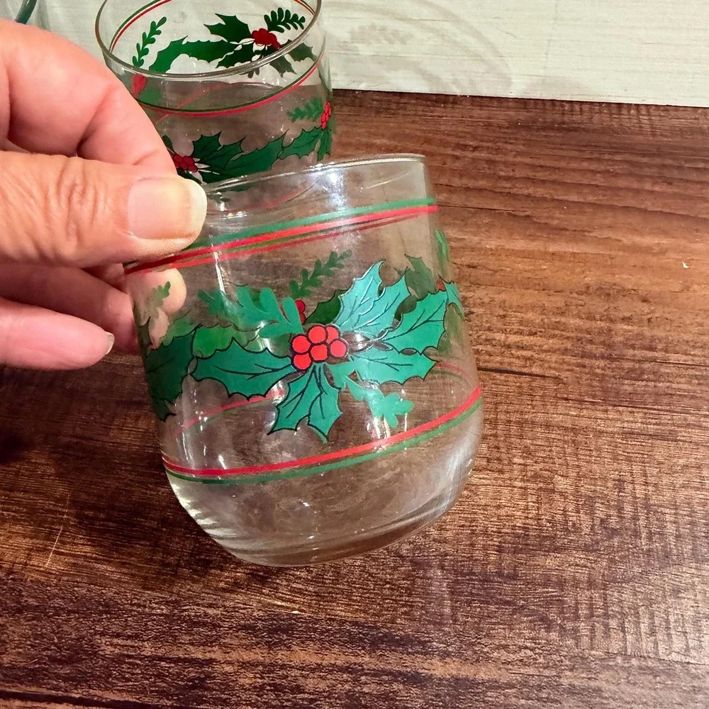 VTG Indiana Glass Christmas Holly Berry Hostess Set 5 Piece Christmas Barware